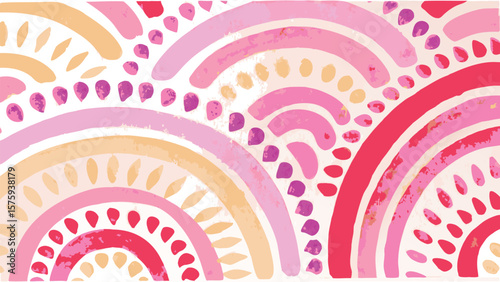 Abstract watercolor painting featuring pink and peach arches with droplet accents on a white background