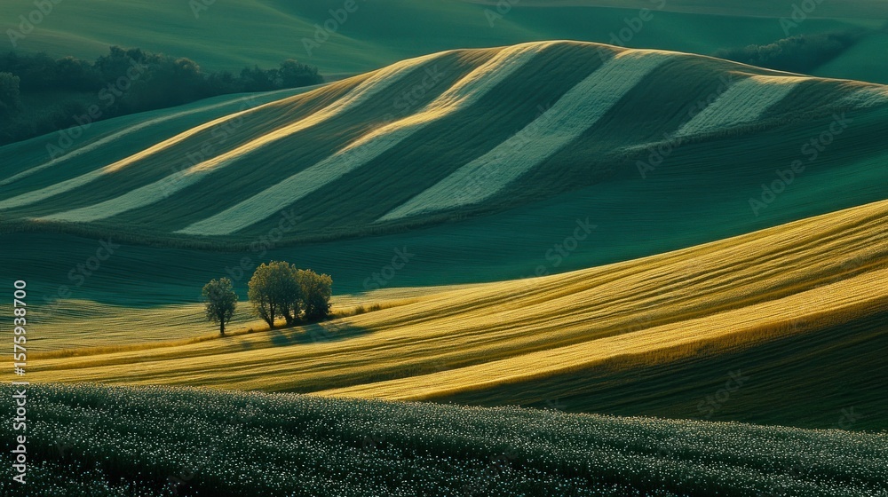 Obraz premium Rolling hills and fields at dawn.