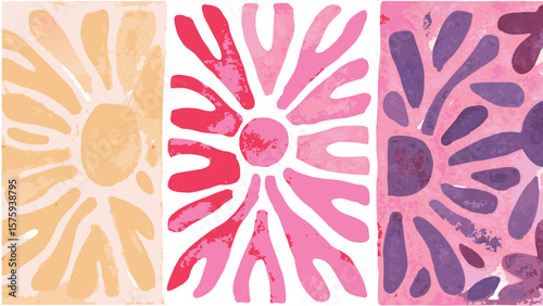 Three panels of abstract floral designs in yellow pink and purple artistic renderings style art