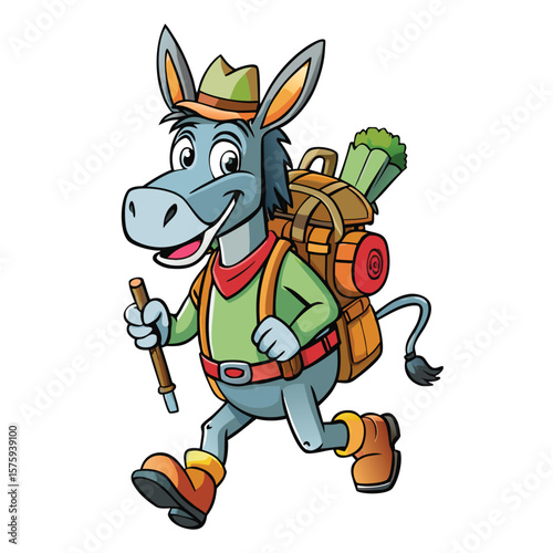 Cartoon donkey with a backpack, hiking