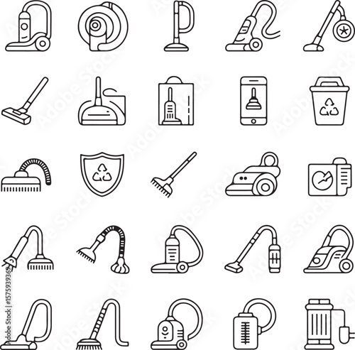 Cleaning Equipment Icons Vacuum Cleaners, Brooms, Dustpans, and More
