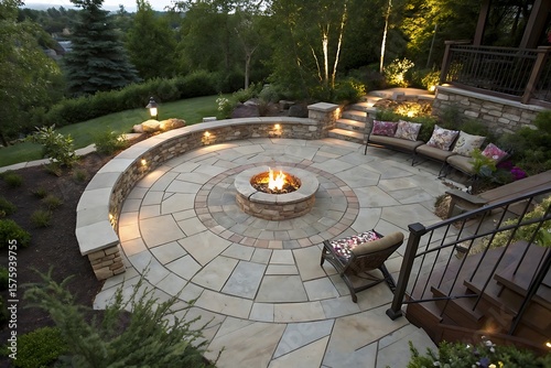 Luxurious Outdoor Patio with Circular Fire Pit and Stonework at Dusk