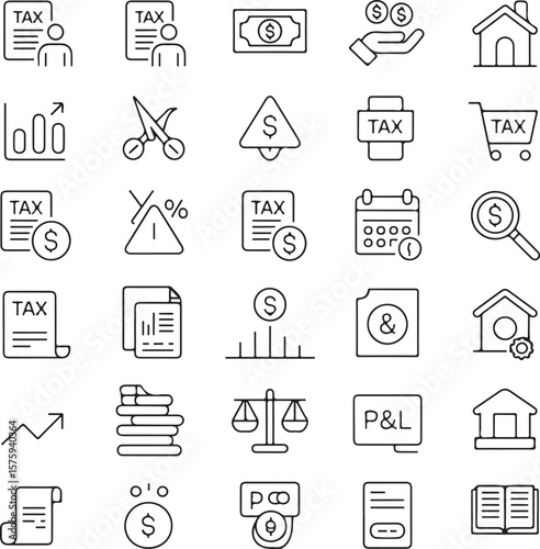 Taxation, Finance, and Accounting Line Icons Set - Tax Return, Money, Growth, Audit Vector

