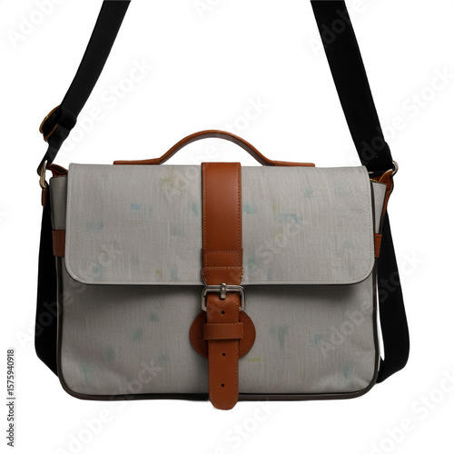 Close up of a white satchel with brown leather straps and black shoulder photo