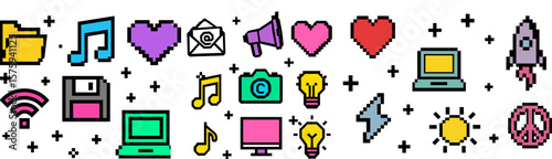 Colorful 8-bit style icons for technology, communication, love, and creativity arranged in playful banner ready for digital projects, web design. Vector illustration
