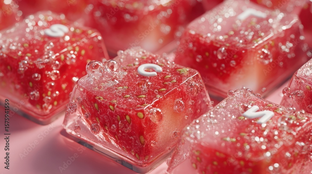 Strawberry keycaps, embedded with real strawberries, adding a sweet and playful touch to any keyboard. Strawberry keycaps, embedded with real strawberries, adding a sweet and playful touch to any keyboard.