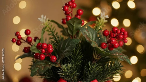 A bouquet of red berries  fir with dark green leaves with glitter centered against blurred bokeh lights