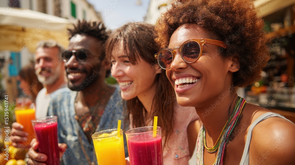 Obraz premium Group of friends savoring refreshing fruit smoothies in a vibrant outdoor setting