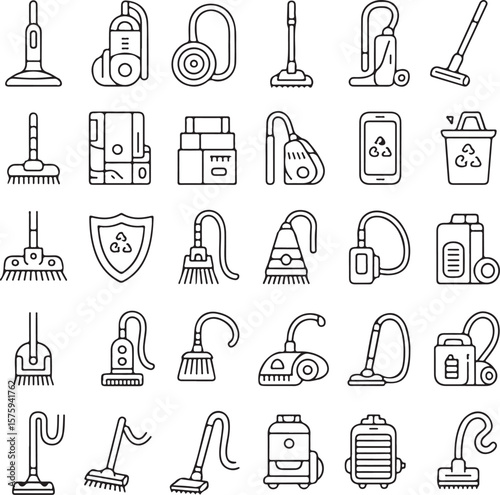Cleaning Equipment Icons Vacuum Cleaners, Brooms, and Recycling Symbols
