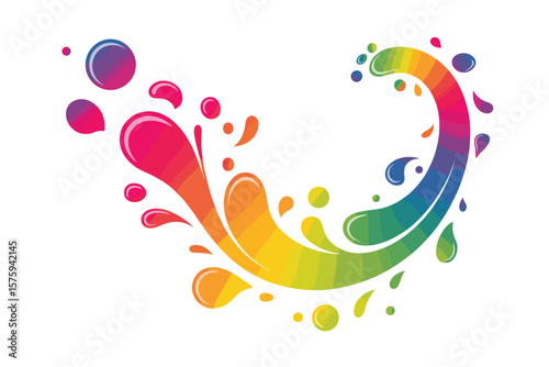 Vibrant rainbow splash with droplets and circles on a white background
