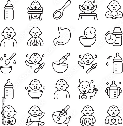 Infant Feeding and Care A Collection of Line Icons for Baby Products and Activities