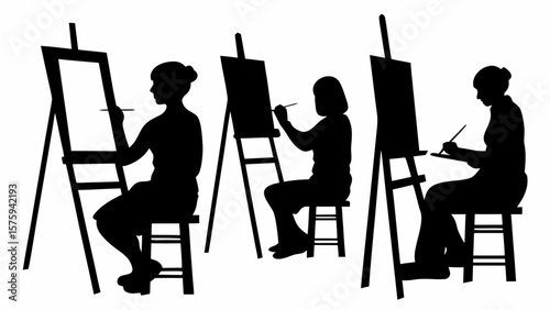 Silhouette of three artists painting on canvases with easels in an art studio environment setting scene