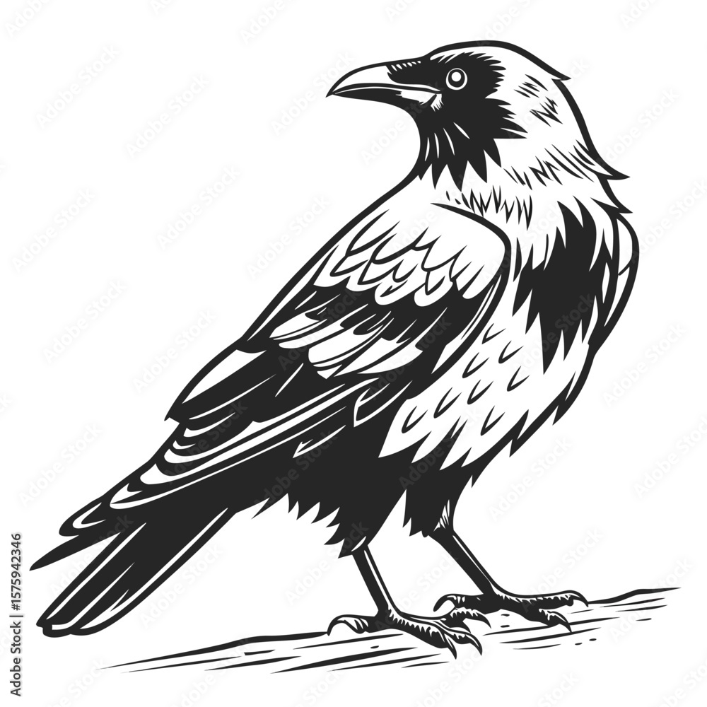 Fototapeta premium Black and White Illustration of a Crow Perched on Wood 1