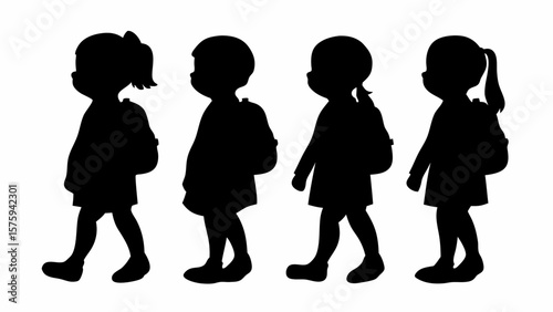 Silhouette depiction of four school children walking with backpacks in a row in a black and white image