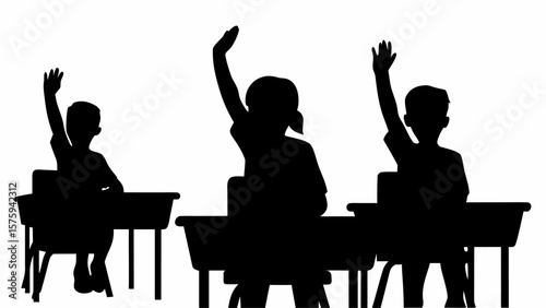 Silhouette of students raising hands in a classroom setting, sitting at desks, eager to answer questions