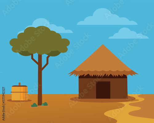 African Savanna Hut Simple Illustration of Rural Life Ai Generated
