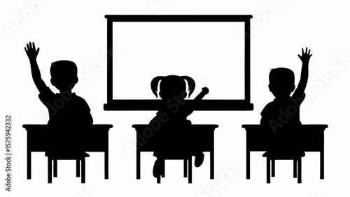 Silhouette of students raising hands in a classroom with a blank whiteboard at the front of the room