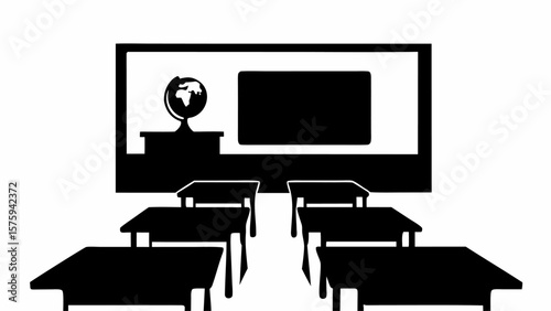 Silhouette depiction of a classroom interior featuring desks, a blackboard, and a globe on a stand