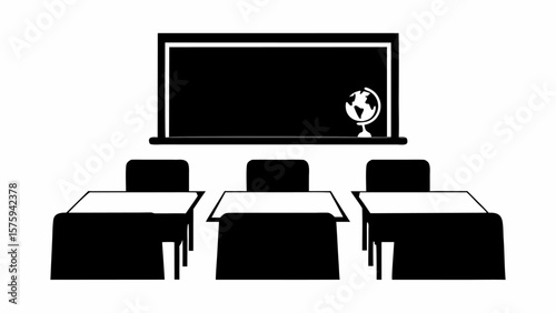 Illustration of a classroom with desks chairs blackboard and globe in black and white minimalist style drawing