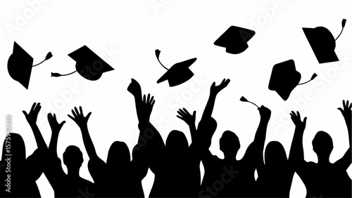 Silhouette of graduating students throwing caps in the air in celebration of academic achievement and success