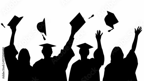 Silhouette of graduates throwing mortarboards in the air celebrating their academic achievements today now