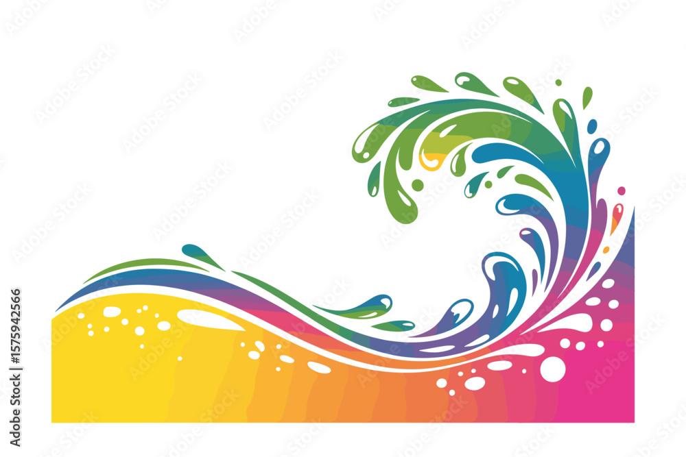 Obraz premium Vibrant rainbow wave splash with abstract liquid droplets and bubbles on white background