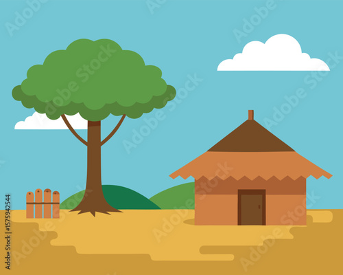 Serene Rural Landscape Thatched Hut, Lush Tree, and Rolling Hills Ai Generated