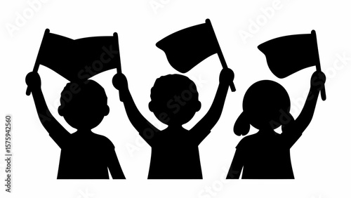 Silhouette of three children holding flags up high in a show of support or protest in a black and white image