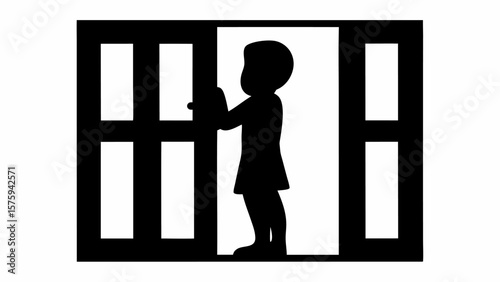 Silhouette of a child opening a sliding door with a visible handle and rectangular panels in black and white
