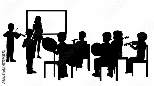 Silhouette of students in a classroom with teacher and musical instruments in a school setting scene image