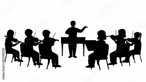 Silhouette of a children's orchestra with conductor and violinists performing together on a white background