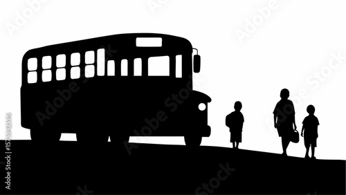 Silhouette of a school bus with children waiting to board on a white background in a simple illustration