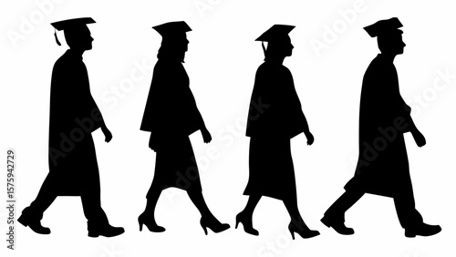 Silhouettes of four graduates walking in graduation gowns and caps in a row against white background