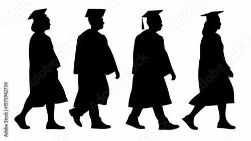 Silhouettes of four graduates walking in graduation gowns and caps in a row on a white background