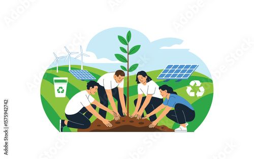 Diverse group of people planting a tree together symbolizing environmental conservation and renewable energy