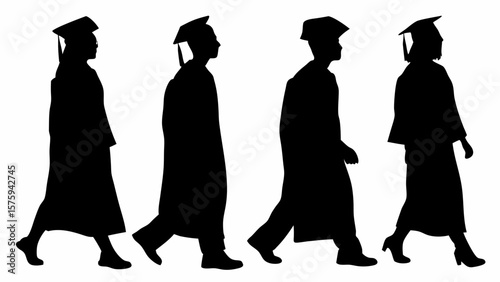 Silhouette of four graduates walking in a line wearing graduation gowns and caps on a white background