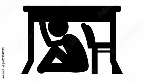 Illustration of a person hiding under a desk next to a chair in black and white safety posture image