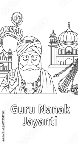 Guru nanak dev ji illustration with sikh religious symbols and gurdwara architecture isolated on transparent background