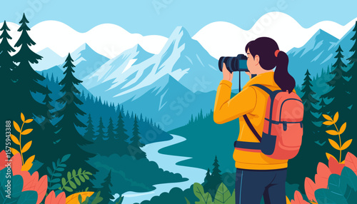 Woman photographing mountain view, flat vector with scenic nature