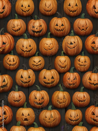 Seamless Halloween Pumpkin Pattern on Rustic Wood Texture – Cozy Autumn Wallpaper with Jack-o'-Lanterns and Earthy Tones