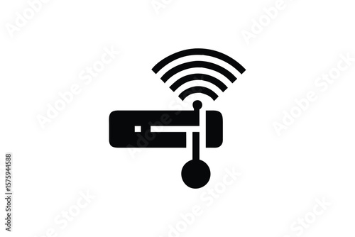 Simple black icon of a router with wi fi signal waves emanating from the top against a white background