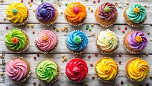Colorful Assortment of Cupcakes with Swirled Frosting on a Rustic Wooden Surface Sprinkled with Candies new 2025 trendy realistic photo, warm lighting, baking scene, top view, rustic style.