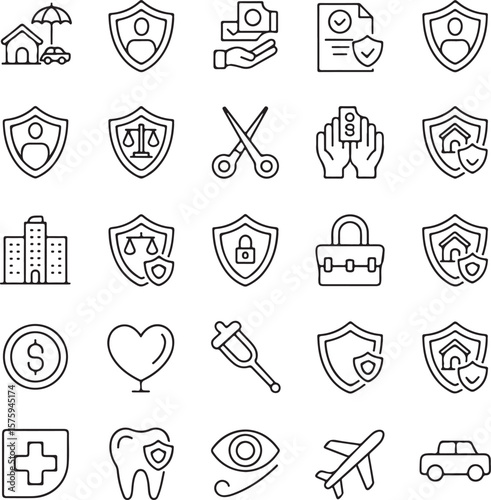Comprehensive Insurance Icon Set Protection, Security, and Safety Symbols