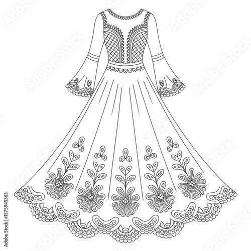 A beautiful line drawing lace dress coloring page