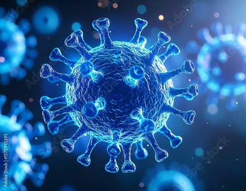 High-detail 3D render of an influenza virus particle with distinctive surface proteins. Floating in a dark, abstract, microscopic environment. Scientific and conceptual. 