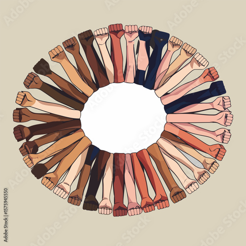 Solid color vector showing democratic empowerment: handshake, torch, courthouse, checklist, raised fists of diverse people, and globe breaking chains for freedom and equality.