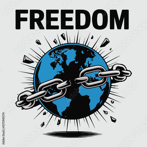 Solid color vector showing democratic empowerment: handshake, torch, courthouse, checklist, raised fists of diverse people, and globe breaking chains for freedom and equality.