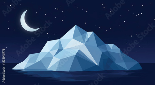 Serene Night Scene Low-Poly Iceberg Under Crescent Moon and Starry Sky