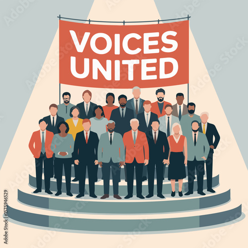 Solid color vector showing democratic empowerment: handshake, torch, courthouse, checklist, raised fists of diverse people, and globe breaking chains for freedom and equality.
