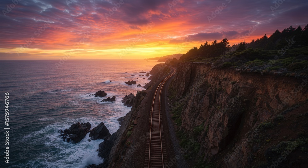 Obraz premium Coastal Cliff Railway, Tracks Along Turquoise Ocean, Dramatic Seascape with Waves